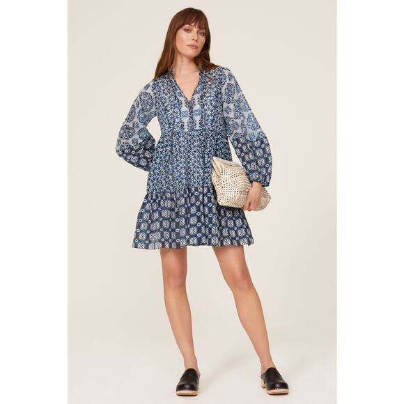 MAJE Women's Blue Patchwork Print 100% Cotton Crewneck Shift Dress Size 40 - Picture 1 of 9